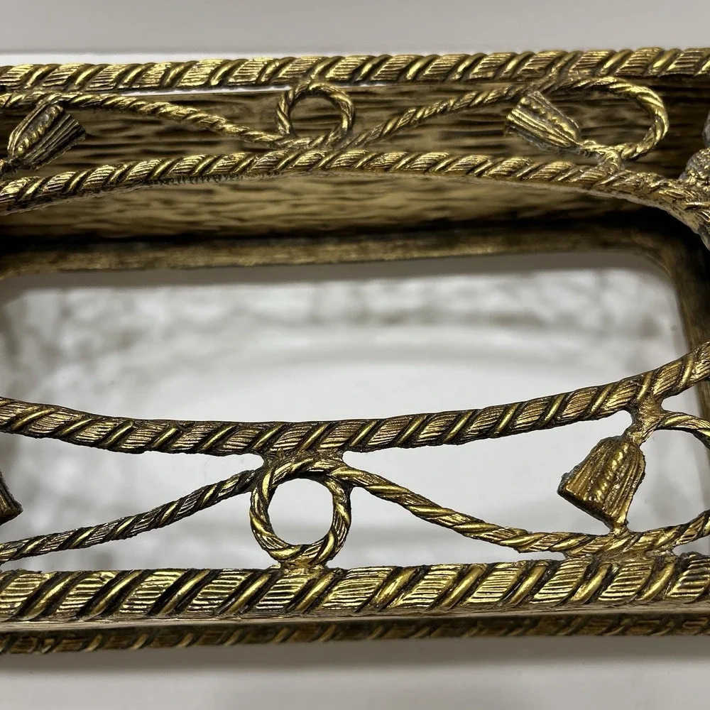Vintage MCM Brass Tissue Box Cover Hollywood Regency Gold Filigree Tassels
